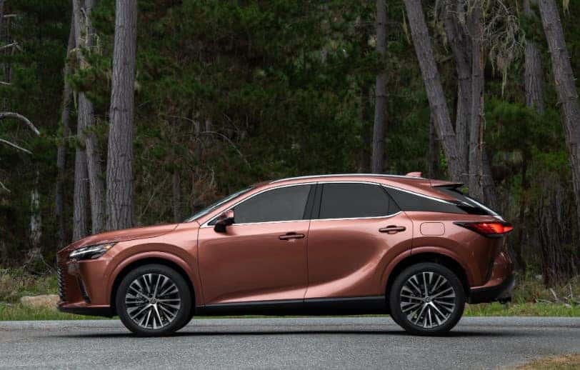 Side profile of a copper-brown Lexus RX SUV, often discussed when asking is lexus a female car, parked with pine trees in the background