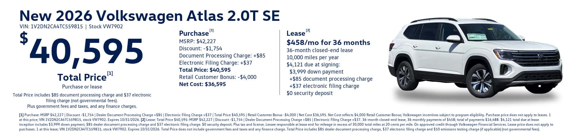 New 2026 Volkswagen Atlas 2.0T SE, $40,595 Total Price, purchase or lease
