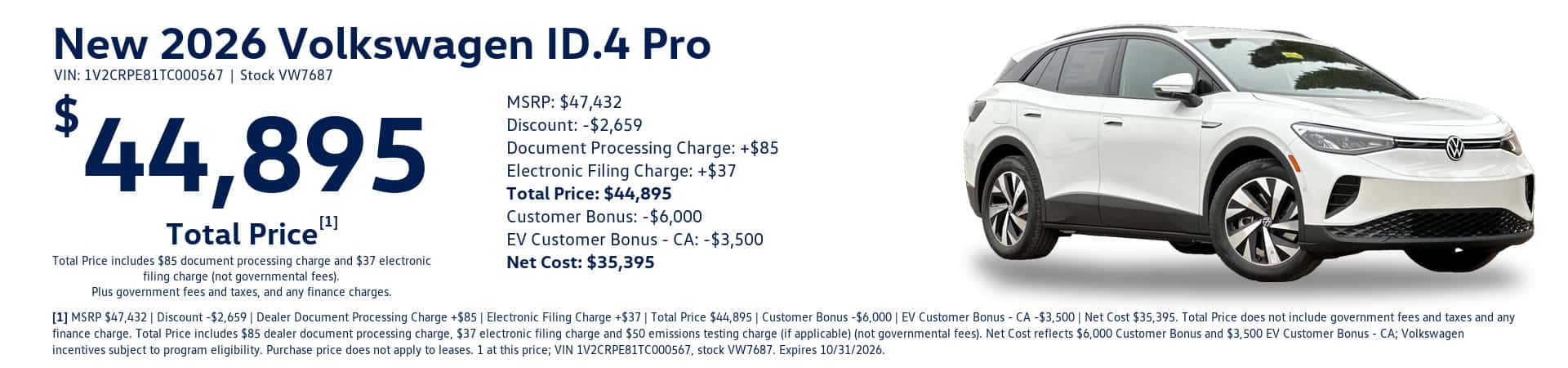 New 2026 Volkswagen ID.4 Pro, $44,895 Total Price