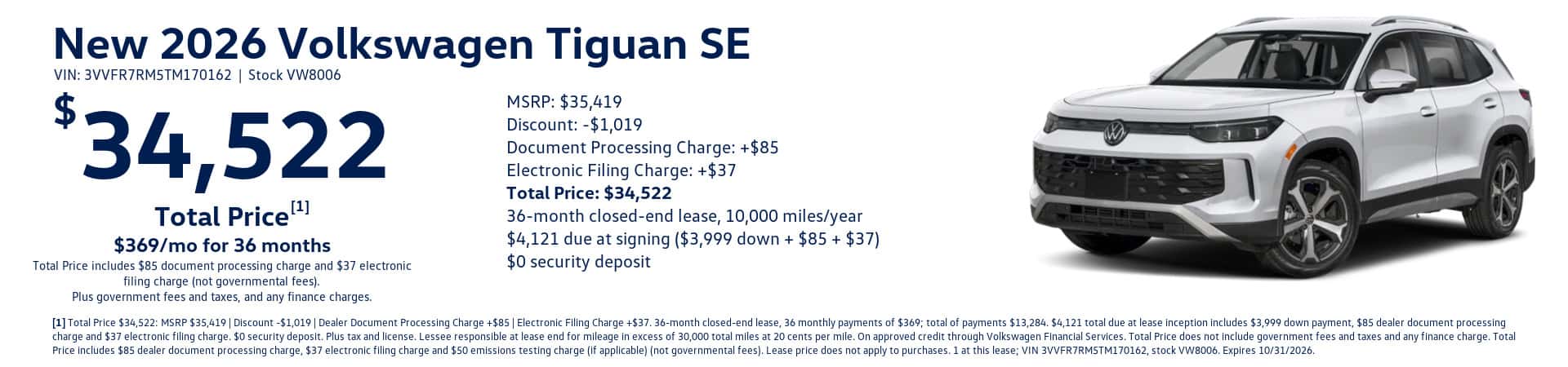 New 2026 Volkswagen Tiguan SE lease, $34,522 Total Price, $369 per month