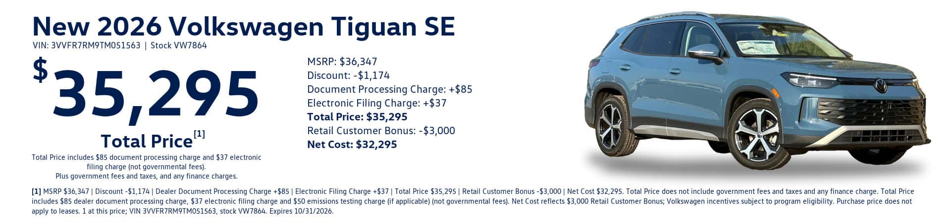 New 2026 Volkswagen Tiguan SE, $35,295 Total Price