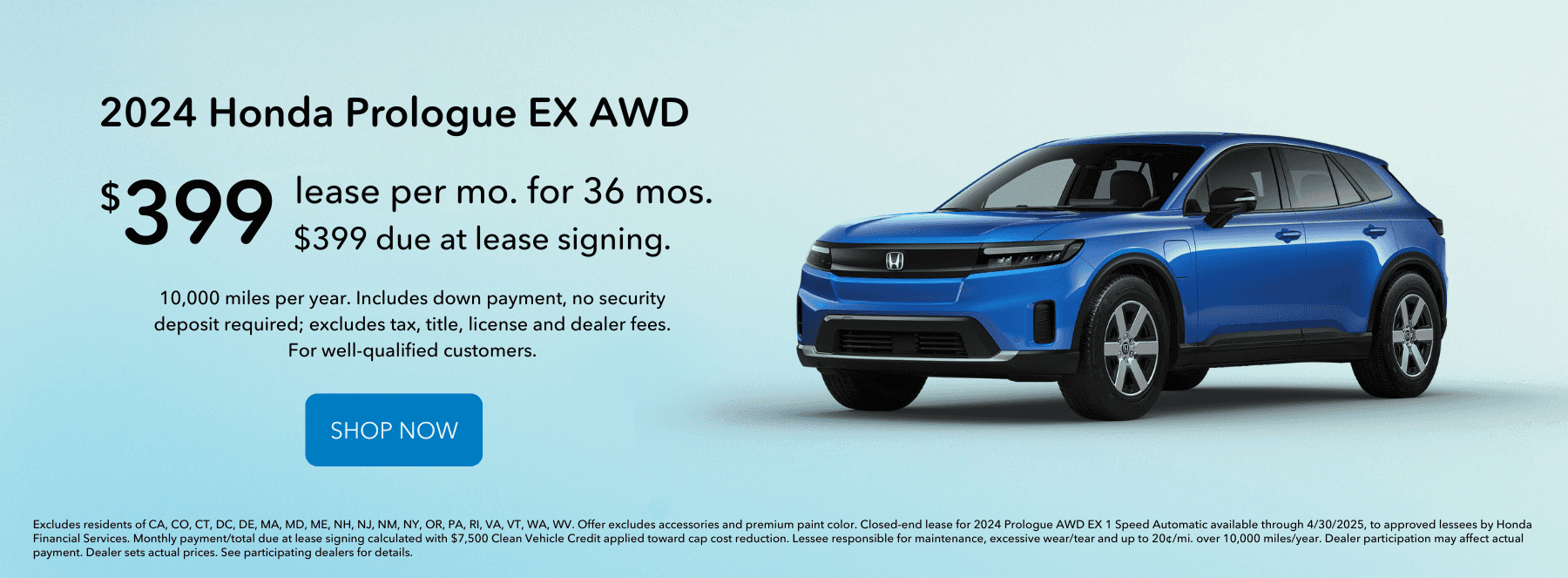 Lease the 2024 Prologue EX AWD for $399 per month.
