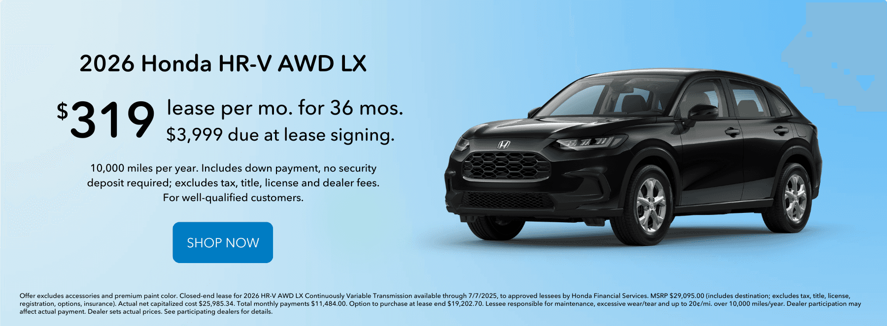 Lease the 2025 Honda HR-V AWD LX for $319 per month for 36 months.