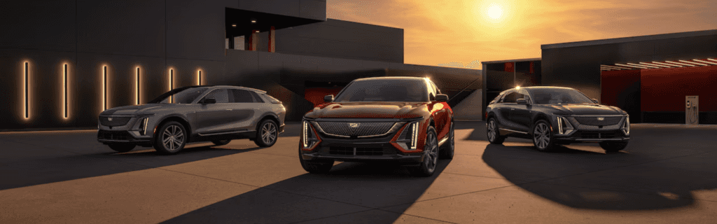 2024 Cadillac LYRIQ trims line up parking sunset in background