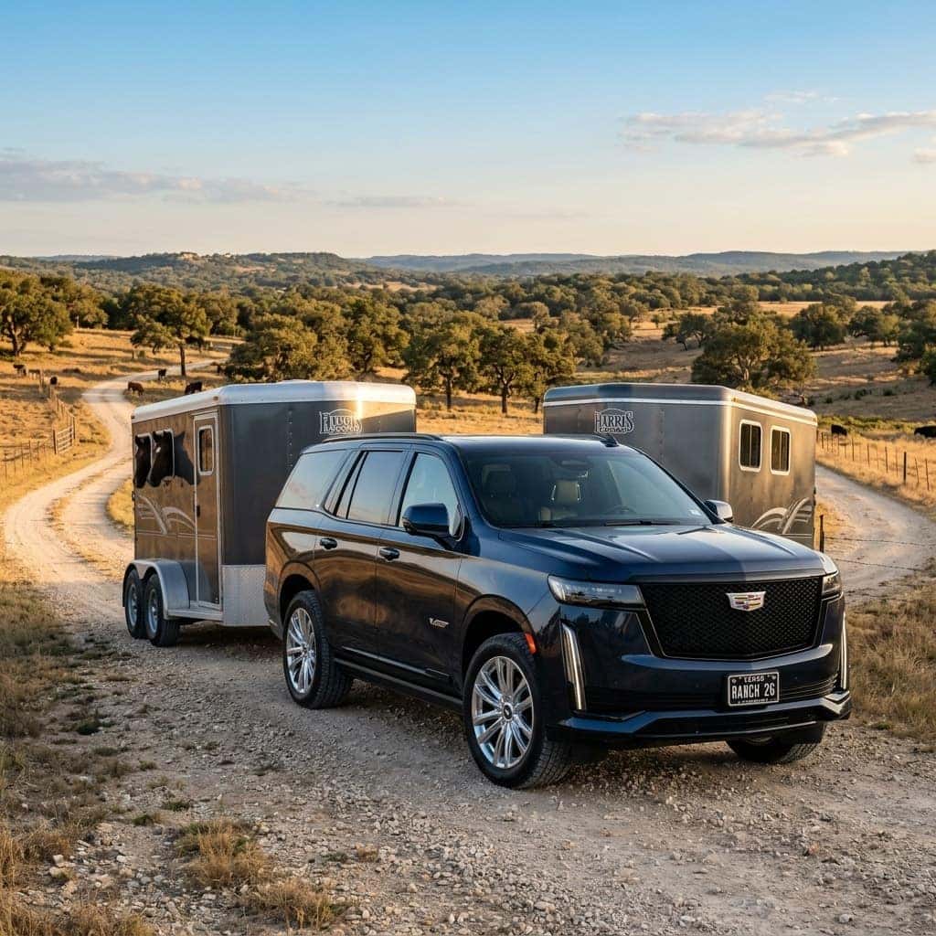 2026 Cadillac Escalade, in a sophisticated dark metallic finish, is positioned confidently on a wide, unpaved ranch road in lampasas texas