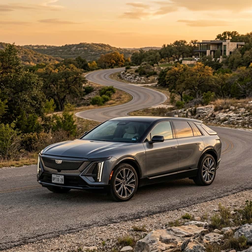 2026 Cadillac Optiq electric crossover, three-quarter front angle, parked on a winding road within the rolling limestone hills of Bee Cave Texas