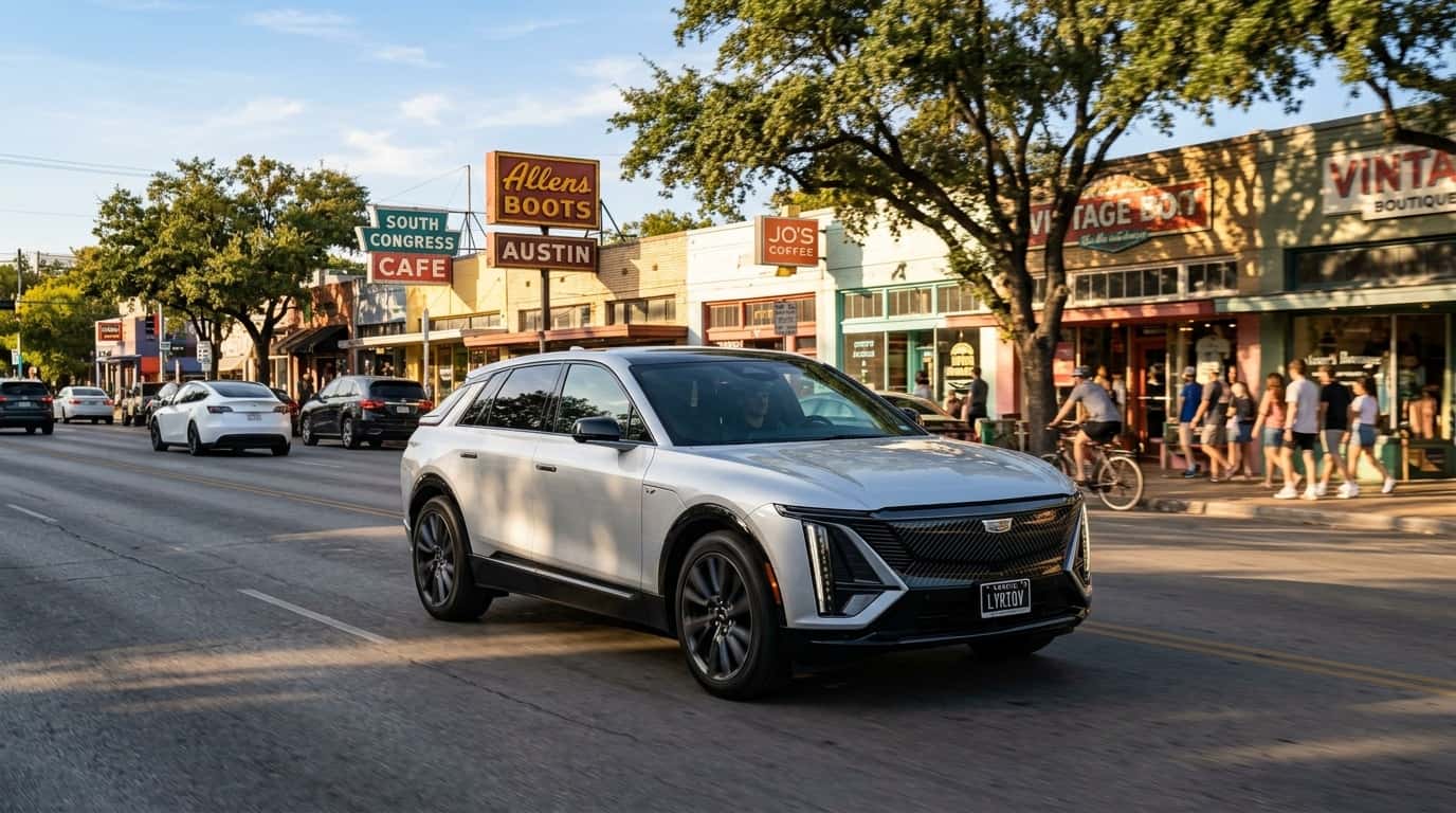 Front angle view of a 2026 Cadillac LYRIQ-V on an urban street in Austin Texas