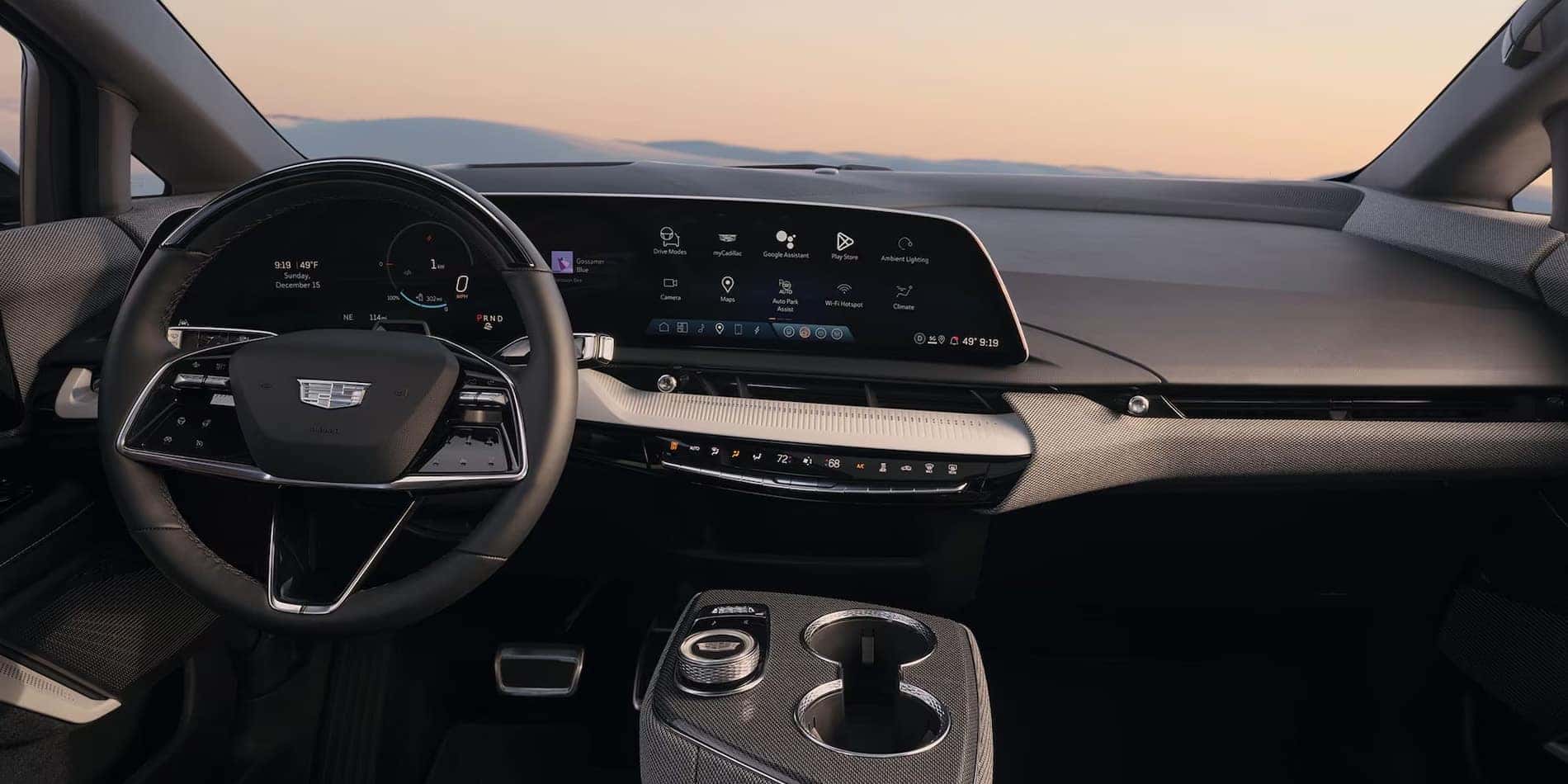 2027 Cadillac OPTIQ dashboard and 33-inch Horizon Display at sunset