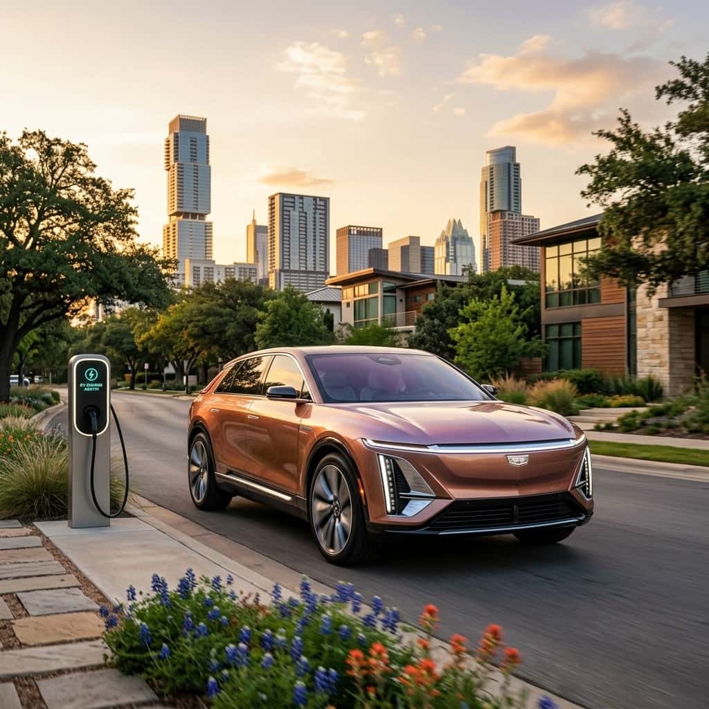 Cadillac ev suv charging in downtown austin texas