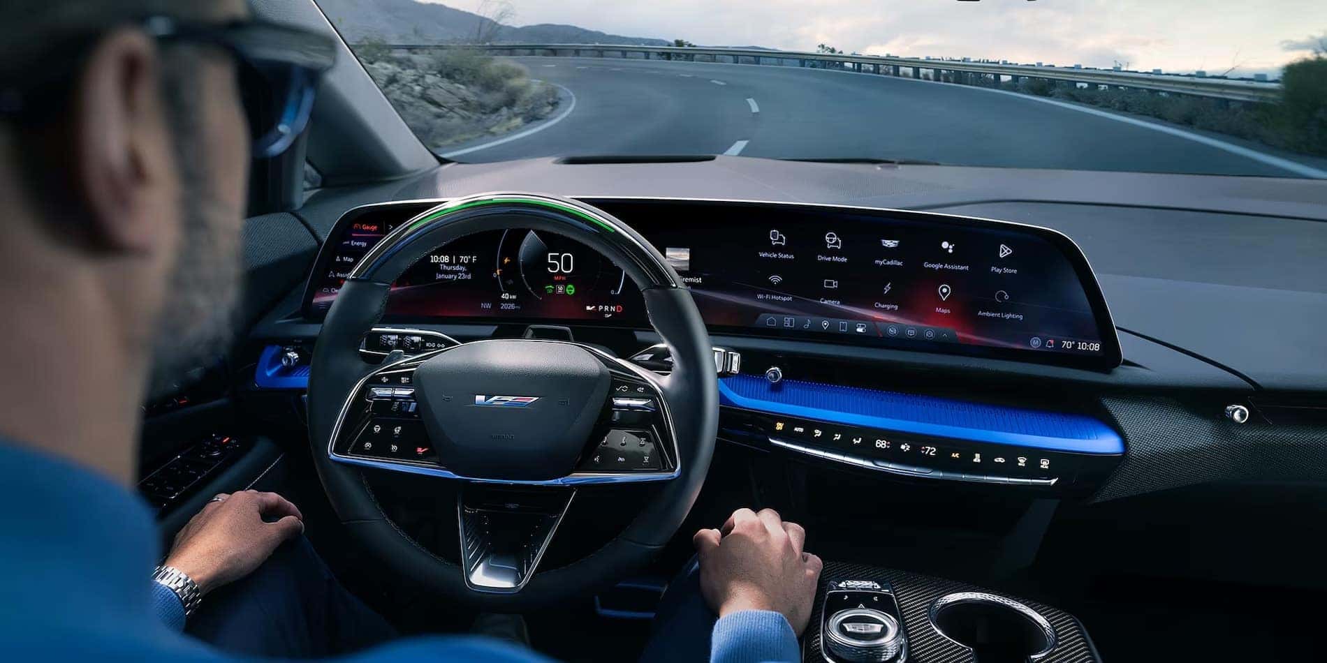 2027 Cadillac OPTIQ-V driver cockpit with the V-Series Performance steering wheel