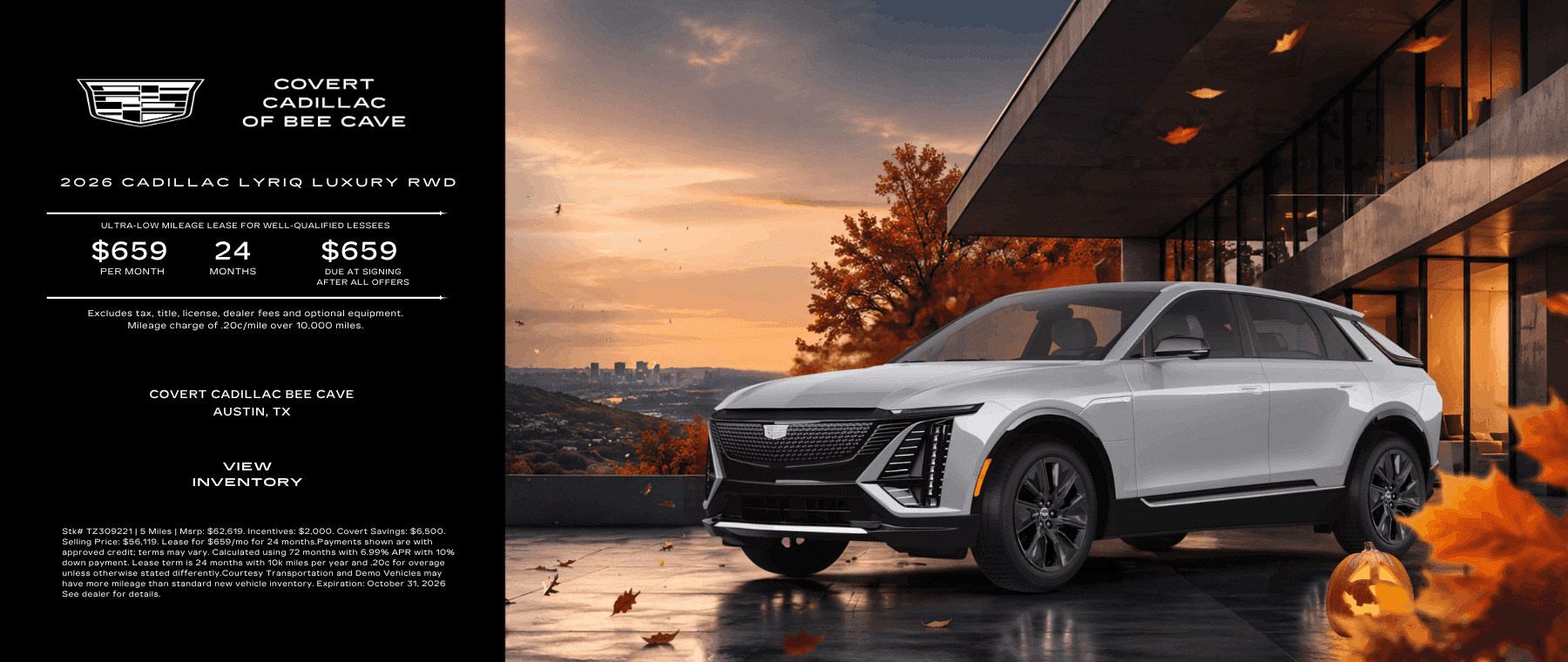 Silver 2026 Cadillac LYRIQ Luxury RWD at a modern hillside home in fall, $659/month lease offer, Covert Cadillac Bee Cave