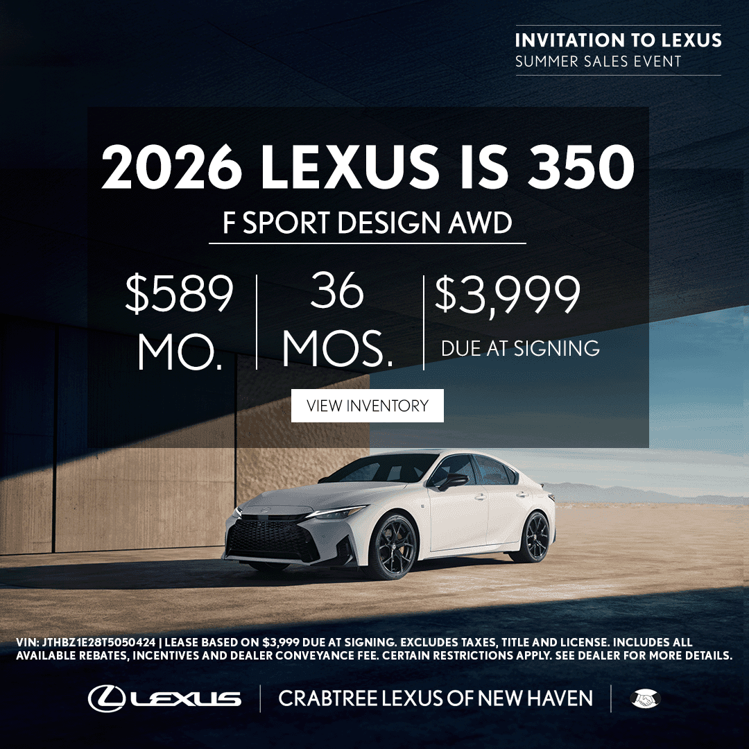 Lease the 2026 Lexus IS for $589/month at Crabtree Lexus in East Haven, CT.