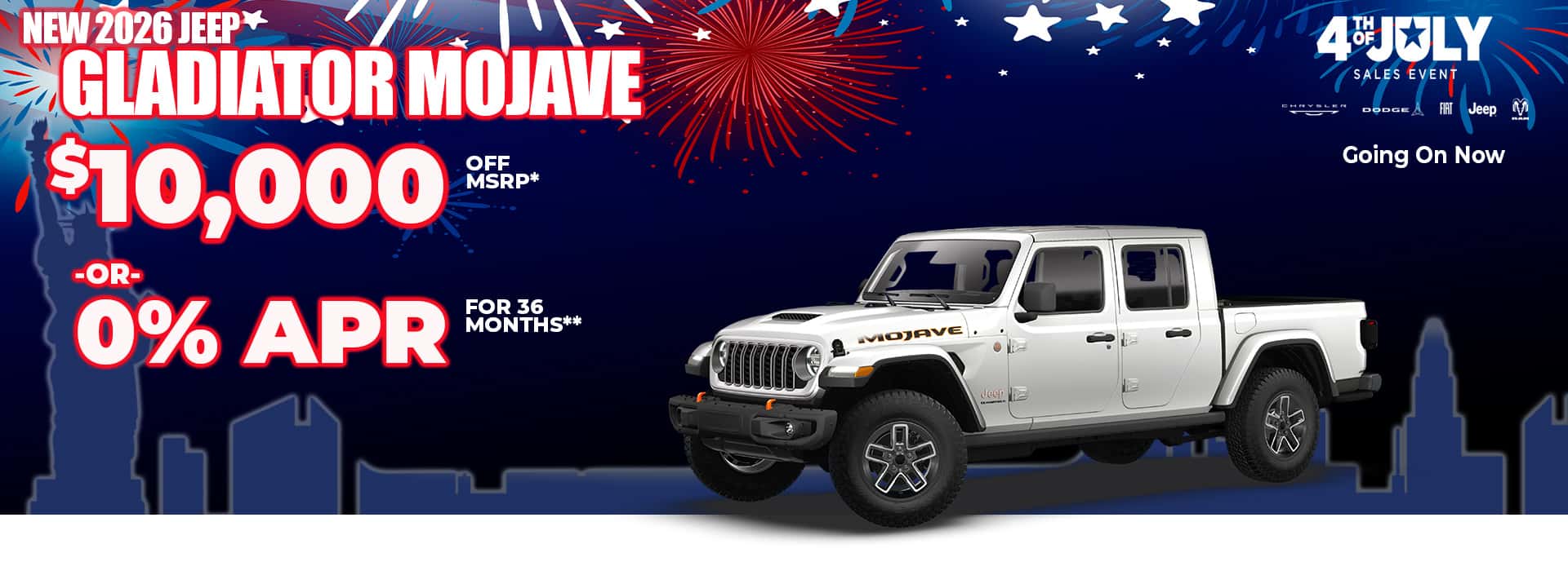 New 2026 Jeep Gladiator Mojave $10,000 OFF MSRP* -or- 0% APR FOR 36 MONTHS**
