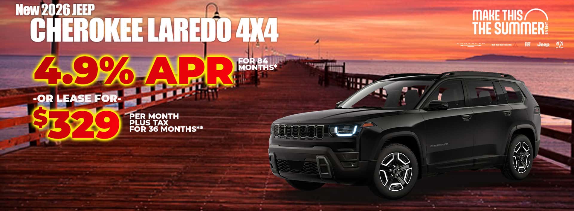 New 2026 Jeep CHEROKEE LAREDO 4X4 4.9% APR for 84 months* -OR- LEASE FOR $329 plus tax for 36 months*