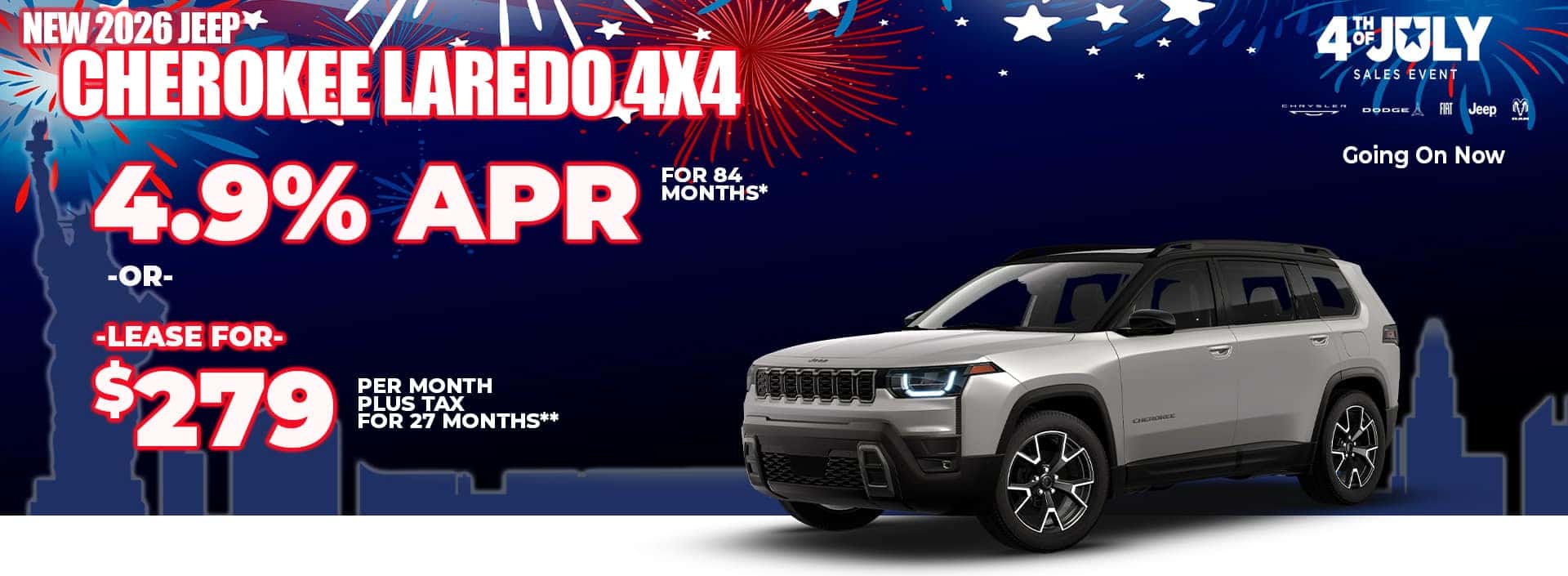New 2026 Jeep CHEROKEE LAREDO 4X4 4.9% APR for 84 months* -OR- LEASE FOR $279 plus tax for 27 months**