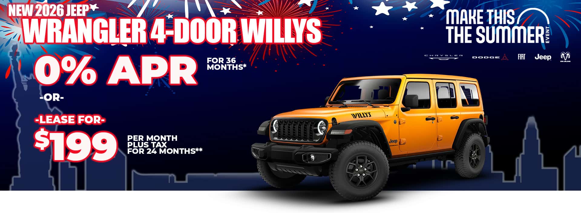 New 2026 Jeep WRANGLER 4-DOOR WILLYS 0% APR For 36 Months* -OR- LEASE FOR $199 PER MONTH plus tax for 24 months**
