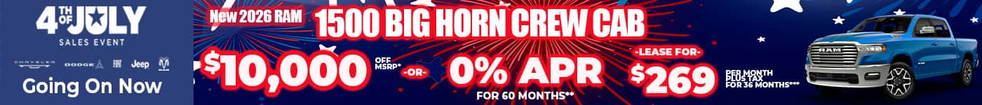 New 2026 RAM 1500 BIG HORN CREW CAB $10,000 OFF MSRP* -OR- 0% APR FOR 60 MONTHS** -OR- LEASE FOR $269 PER MONTH plus tax for 36 months***