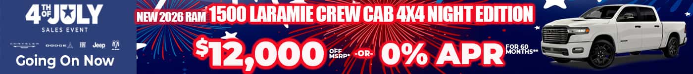 New 2026 RAM 1500 LARAMIE CREW CAB 4X4 NIGHT EDITION $12,000 OFF MSRP* -OR- 0% APR FOR 60 MONTHS**