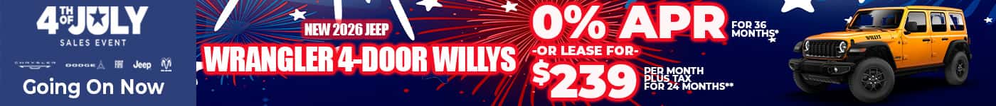 New 2026 Jeep WRANGLER 4-DOOR WILLYS 0% APR FOR 36 MONTHS* -OR- LEASE FOR $239 PER MONTH plus tax for 24 months**