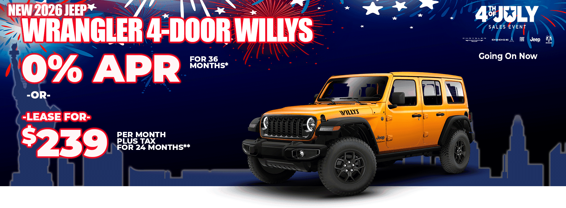 New 2026 Jeep WRANGLER 4-DOOR WILLYS 0% APR for 36 Months LEASE FOR $239 PER MONTH plus tax for 24 months**