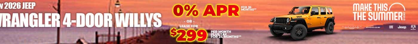 New 2026 Jeep WRANGLER 4-DOOR WILLYS 0% APR FOR 36 MONTHS* -OR- LEASE FOR $299 PER MONTH plus tax for 24 months**