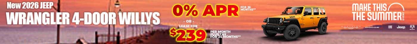 New 2026 Jeep WRANGLER 4-DOOR WILLYS LEASE FOR $239 PER MONTH plus tax for 24 months**