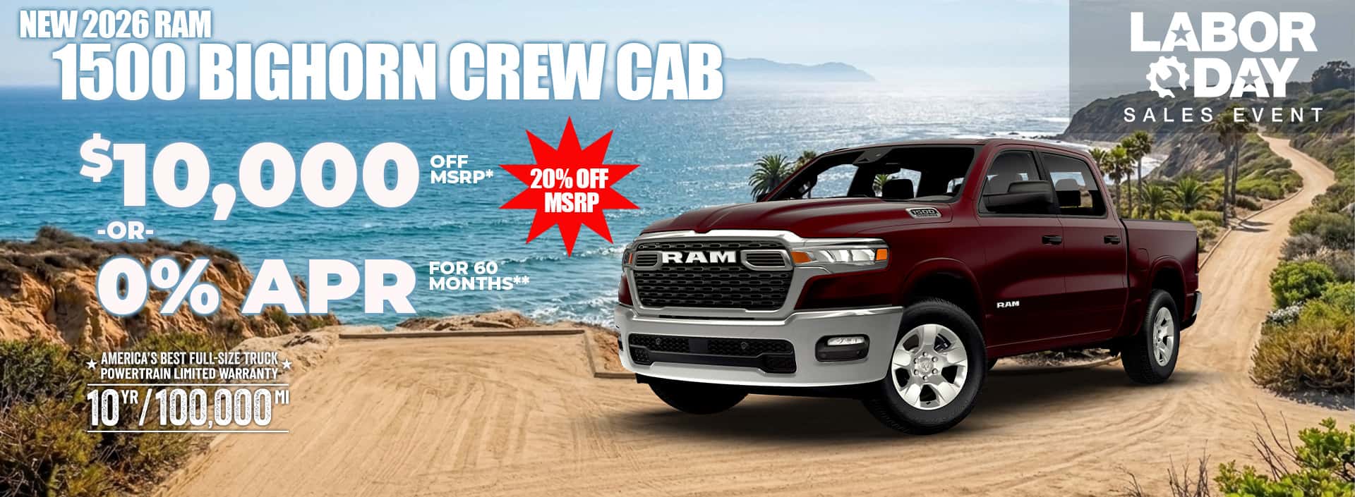 4. New 2026 RAM 1500 BIGHORN CREW CAB $10,000 OFF MSRP* (20% OFF MSRP) OR 0 % APR FOR 60 MONTHS**