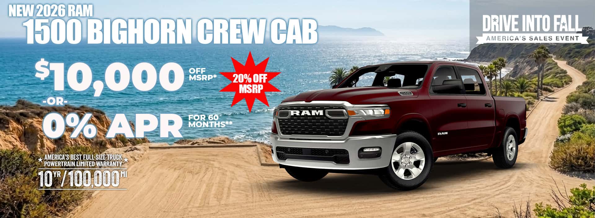 New 2026 RAM 1500 BIGHORN CREW CAB $10,000 OFF MSRP* (20% OFF MSRP) OR 0 % APR FOR 60 MONTHS**