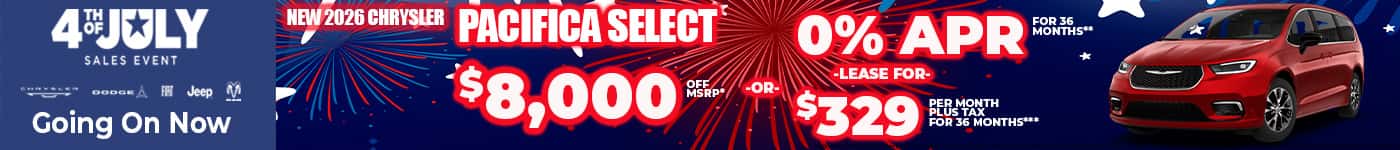 New 2026 Chrysler PACIFICA SELECT $8,000 OFF MSRP* -OR- 0% APR FOR 36 MONTHS** -OR- LEASE FOR $329 PER MONTH plus tax for 36 months**