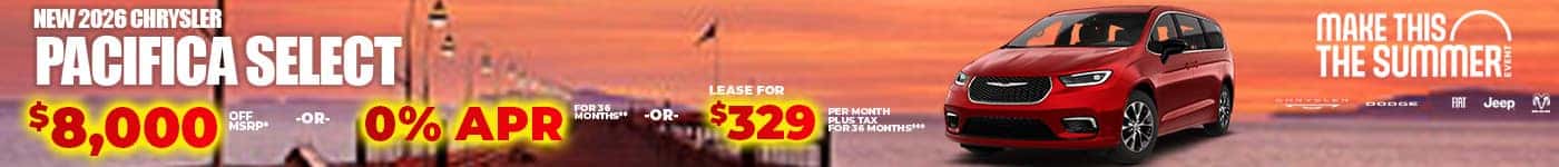 New 2026 Chrysler PACIFICA SELECT $8,000 OFF MSRP* -OR- 0% APR FOR 36 MONTHS** -OR- LEASE FOR $329 PER MONTH plus tax for 36 months***