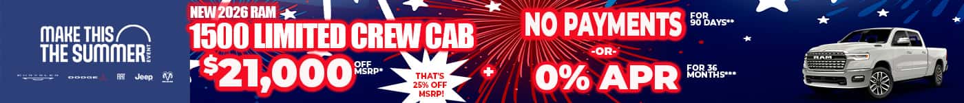 New 2026 RAM 1500 Limited Crew Cab $21,000 OFF MSRP* That's 25% Off MSRP! (Startburst) + NO PAYMENTS FOR 90 DAYS** -or- 0% APR FOR 36 MONTHS***