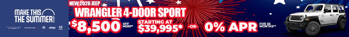 New 2026 Jeep WRANGLER 4-DOOR SPORT $8500 OFF MSRP* STARTING AT $39,995* -or- 0% APR FOR 36 MONTHS**