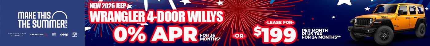 New 2026 Jeep WRANGLER 4-DOOR WILLYS 0% APR For 36 Months* -OR- LEASE FOR $199 PER MONTH plus tax for 24 months**
