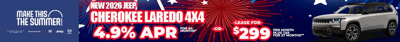 New 2026 Jeep CHEROKEE LAREDO 4X4 4.9% APR for 84 months* -OR- LEASE FOR $299 plus tax for 27 months**