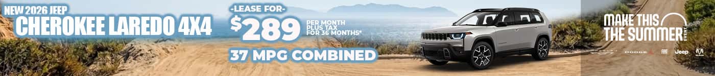 New 2026 Jeep CHEROKEE LAREDO 4X4 Lease $289 for 36 months* 37 MPG combined
