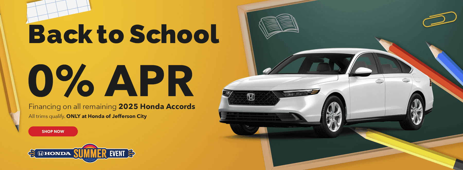 0% APR financing on all remaining 2025 accords All trims qualify. ONLY at Honda of Jefferson City