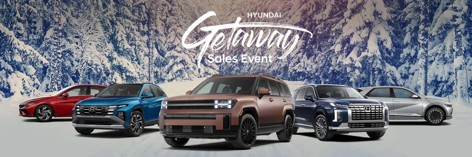 Hyundai model lineup on winter forest background with Winter Getaway logo