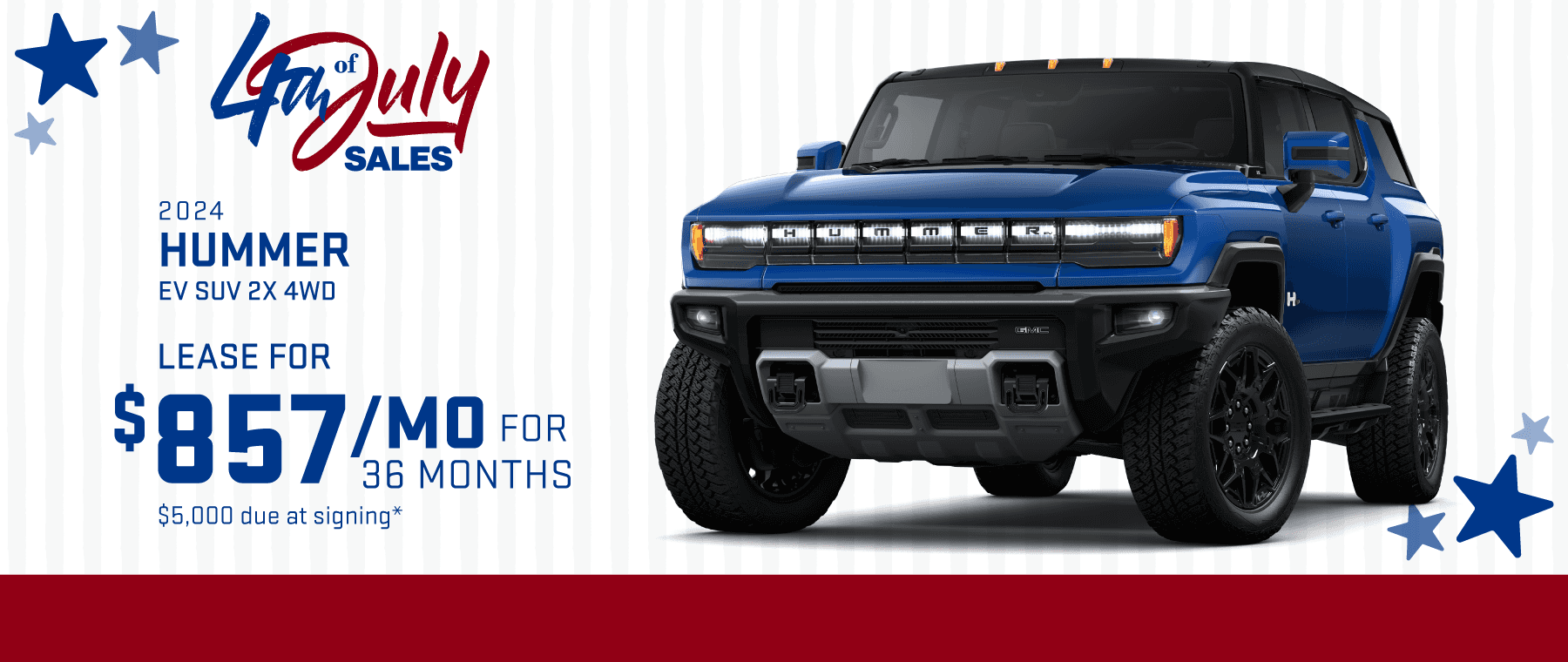 2024 GMC Hummer EV SUV 2X 4WD: Lease for $857 per month for 36 months with $5,000 due at signing