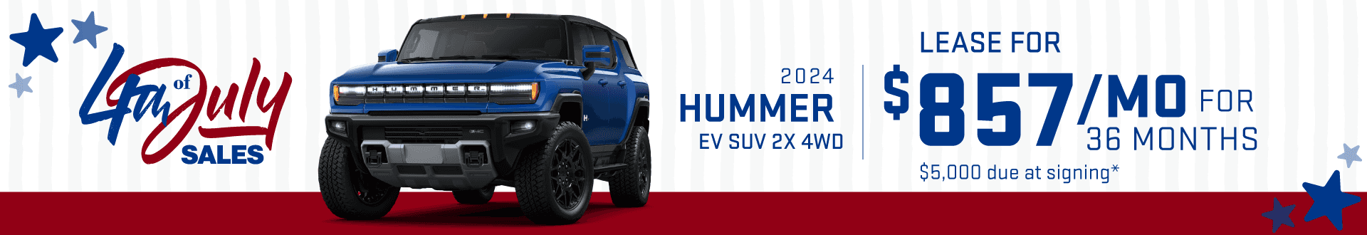 2024 GMC Hummer EV SUV 2X 4WD: Lease for $857 per month for 36 months with $5,000 due at signing