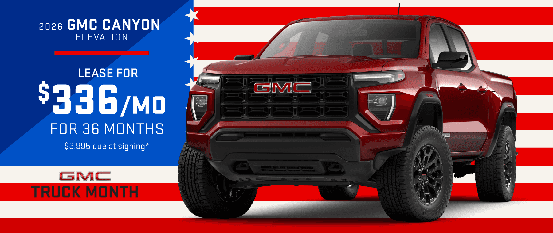 2026 GMC CANYON Elevation : Lease for $336 per month for 36 months with $3,995 due at signing