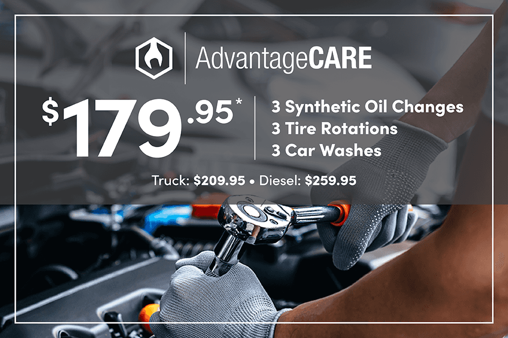 3 Synthetic Oil Changes 3 Tire Rotations 3 Car Washes AdvantageCARE $179.95 Gas Truck: $209.95 • Diesel: $259.95