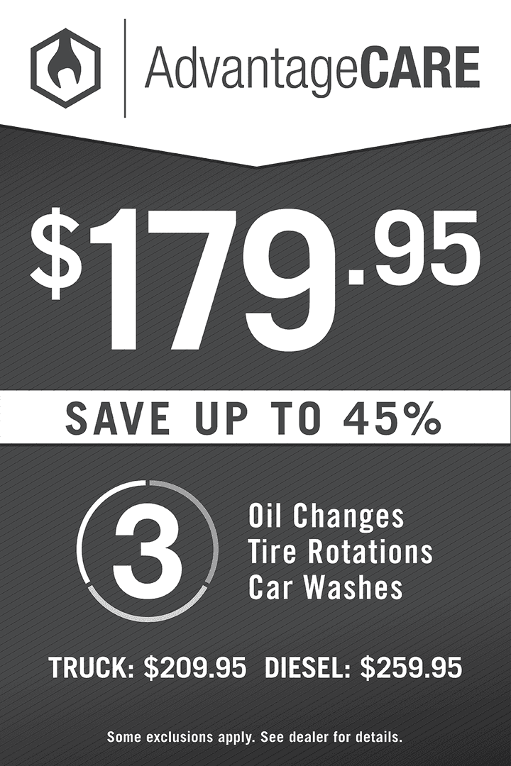 3 Synthetic Oil Changes 3 Tire Rotations 3 Car Washes AdvantageCARE $179.95 Gas Truck: $209.95 • Diesel: $259.95