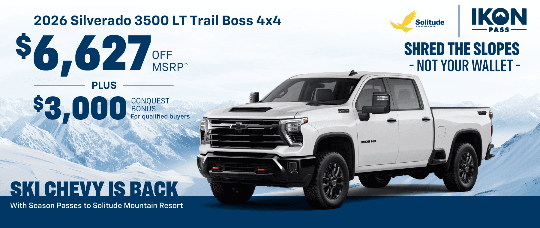 2026 Chevrolet 3500 LT Trail Boss 4x4 : $6,627 Off + $3,000 in Conquest Bonus for qualifying customers