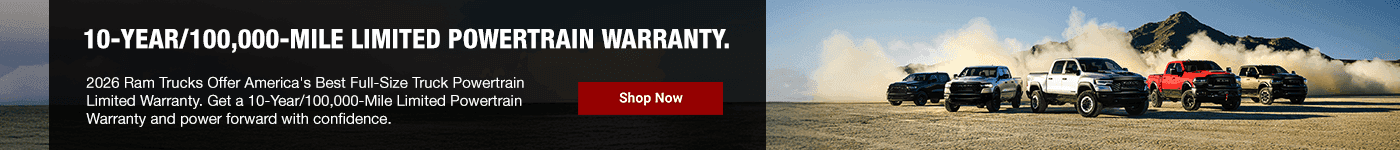 10-YEAR/100,000-MILE LIMITED POWERTRAIN WARRANTY. Subtext 2026 Ram Trucks Offer America's Best Full-Size Truck Powertrain Limited Warranty. Get a 10-Year/100,000-Mile Limited Powertrain Warranty and power forward with confidence.