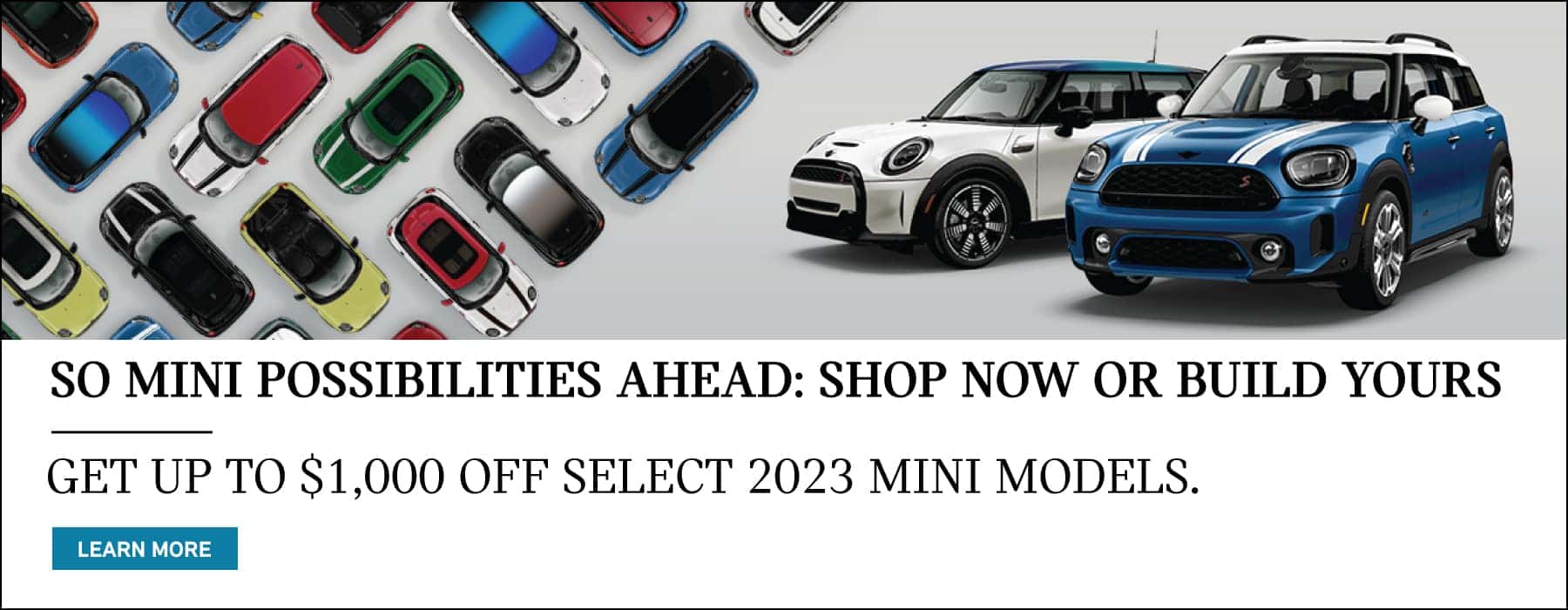 MINI family packshot with close up of blue and white 2023 MINIs.