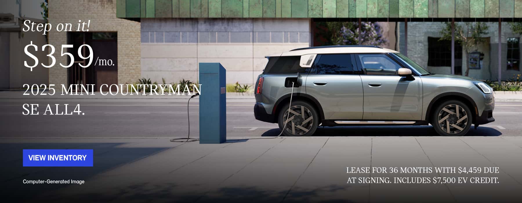 MINI Countryman SE charging in front of green wall.