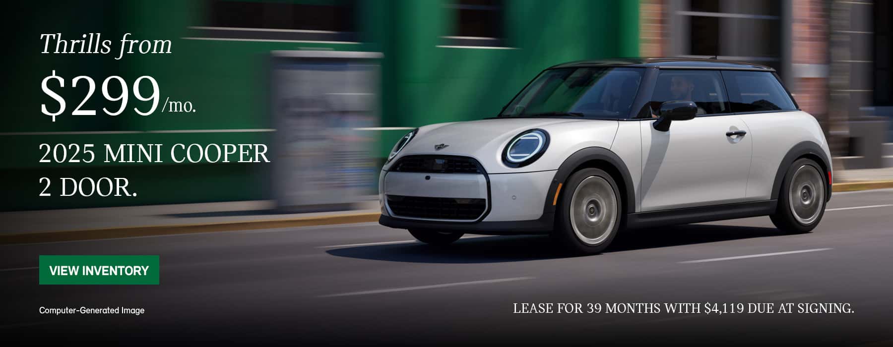 White MINI Cooper 2 Door driving in front of a blue building.