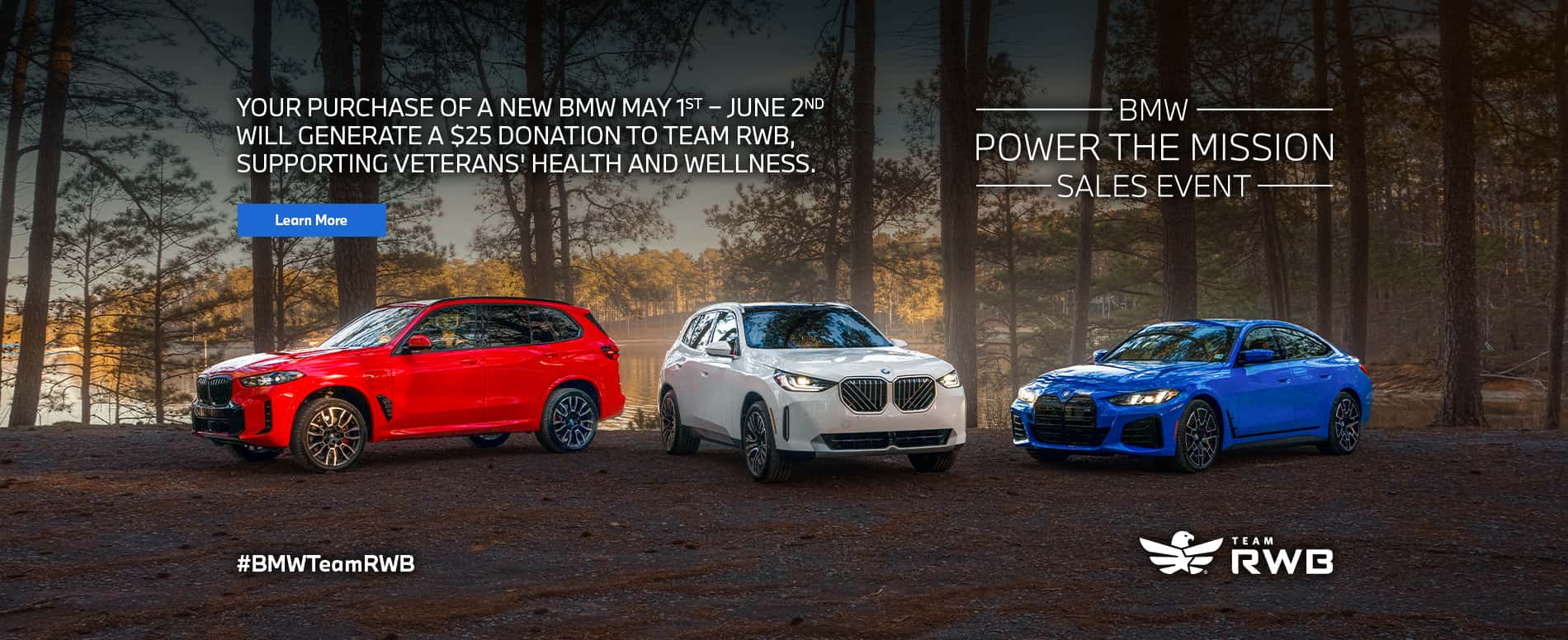 BMW Power the Mission Sales Event featuring the 2025 BMW X5 in red, the BMW X3 in white and the BMW i4 M50 in Blue.