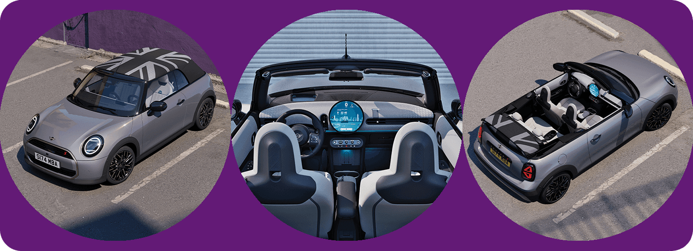 2025 MINI Cooper Convertible with the top down, showcasing its stylish design and open-air driving experience.