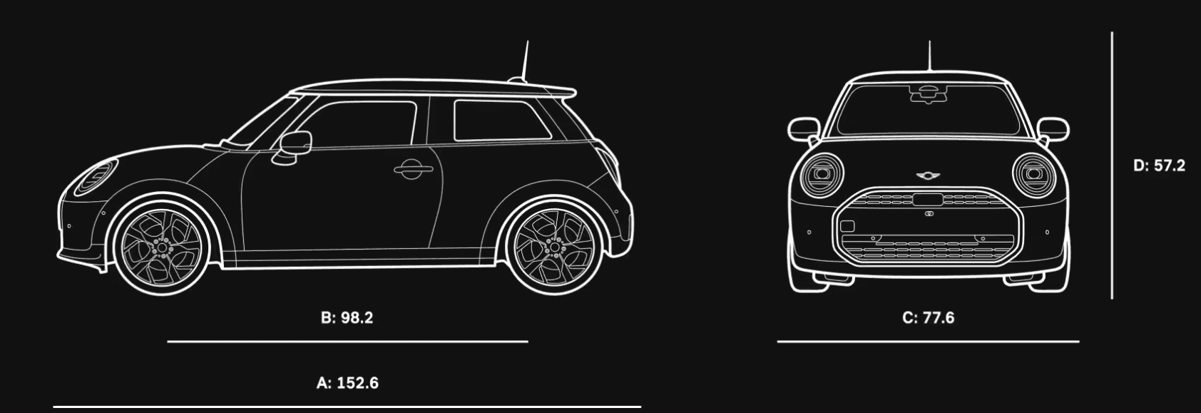 2026 MINI Cooper 2 Door dimensions diagram showing the compact exterior proportions, sporty stance, and sleek design details at Patrick MINI.